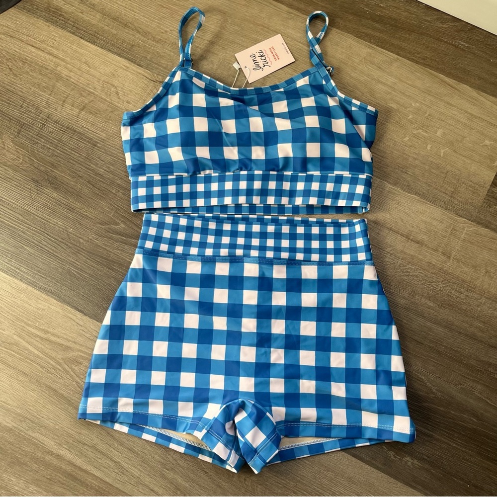 Lime Ricki Blue and White Checkered Swim Top and Short Size M